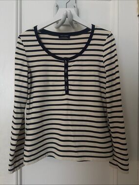 Saint James Cream & Navy Striped Long-Sleeve Henley Top